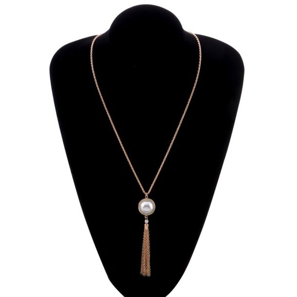 3/$35 Long Lariat Gold Chain Necklace with Large Pearl Pendant and Tassel - Picture 6 of 9